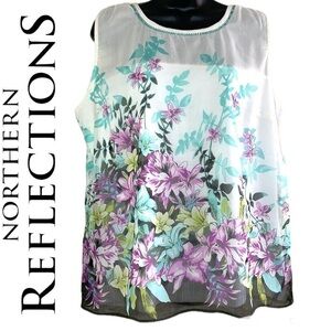 Northern Reflections White Floral Print Semi-Sheer Blouse Size XL